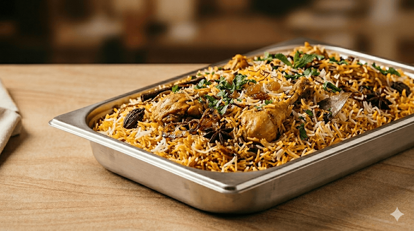 IBC biryani served in a traditional tray