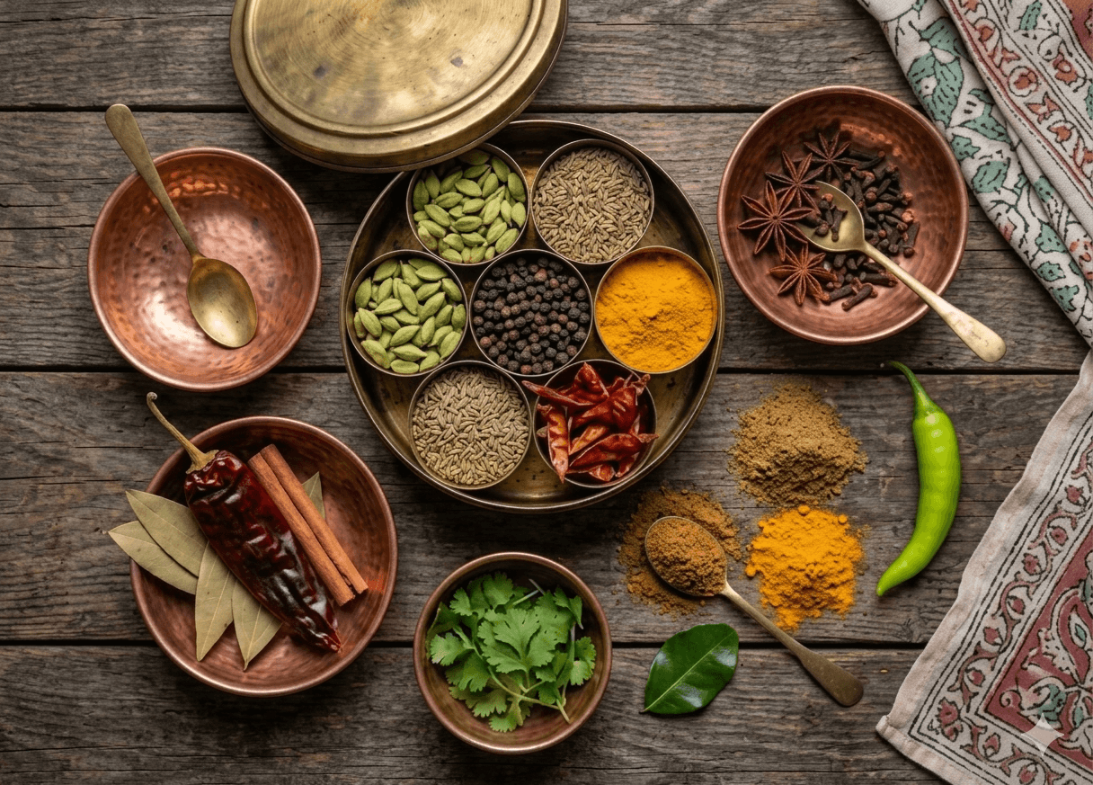 Indian spices — cardamom, star anise, turmeric, cumin, chillies, coriander